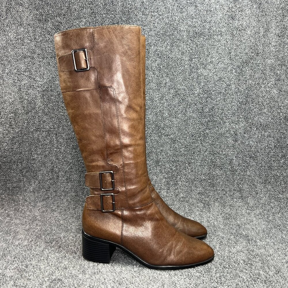 Franco Sarto Fontana Boots Womens Size 9.5 Light Brown Leather Tall Buckle Block
